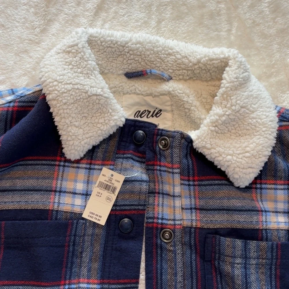 New, Aerie Cropped Plaid Sherpa Jacket - Picture 4 of 16